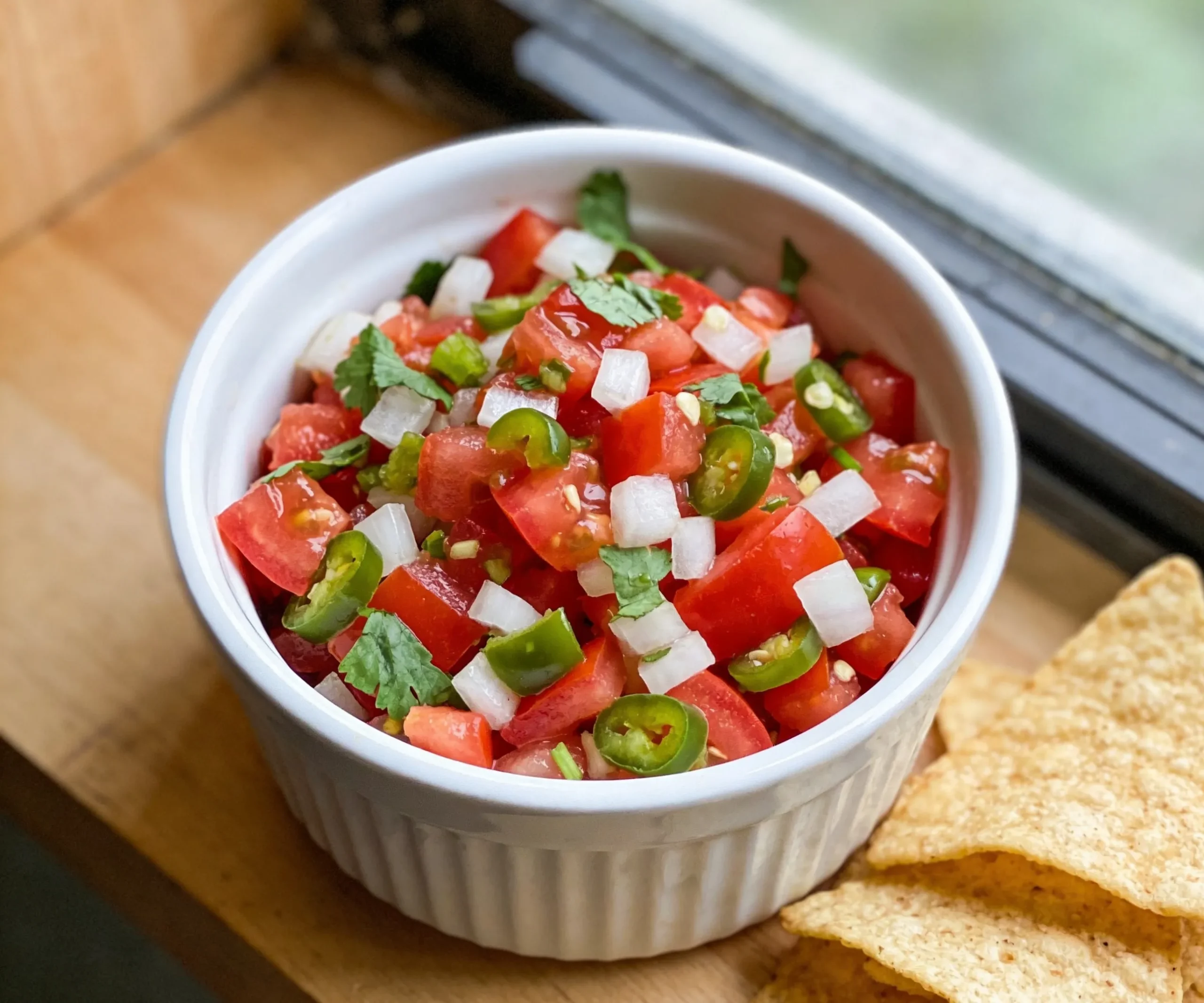 Fresh homemade salsa recipe served in a white bowl with tortilla chips on a wooden surface
