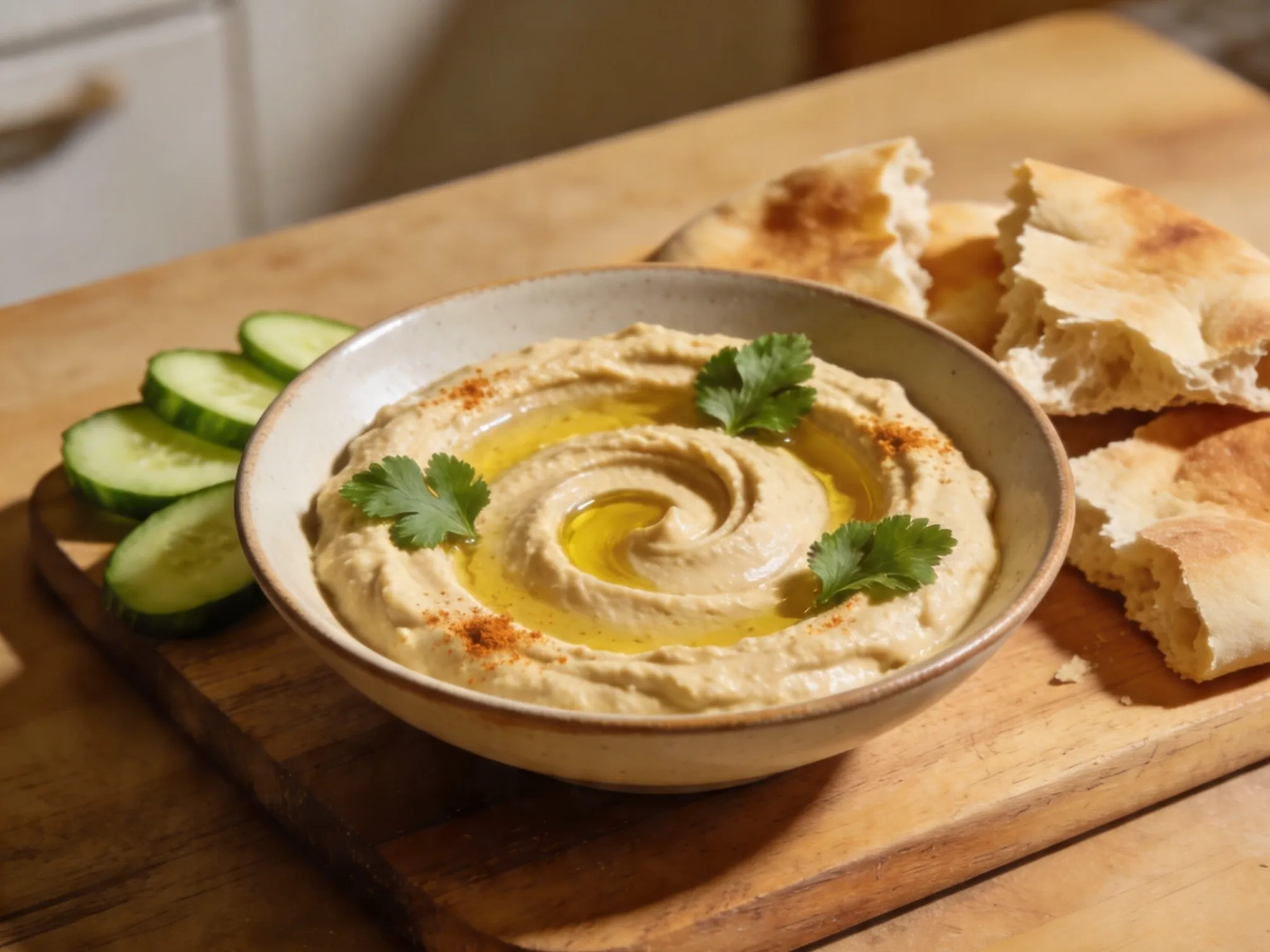 made hummus served with torn pita bread and cucumber slices on a wooden board