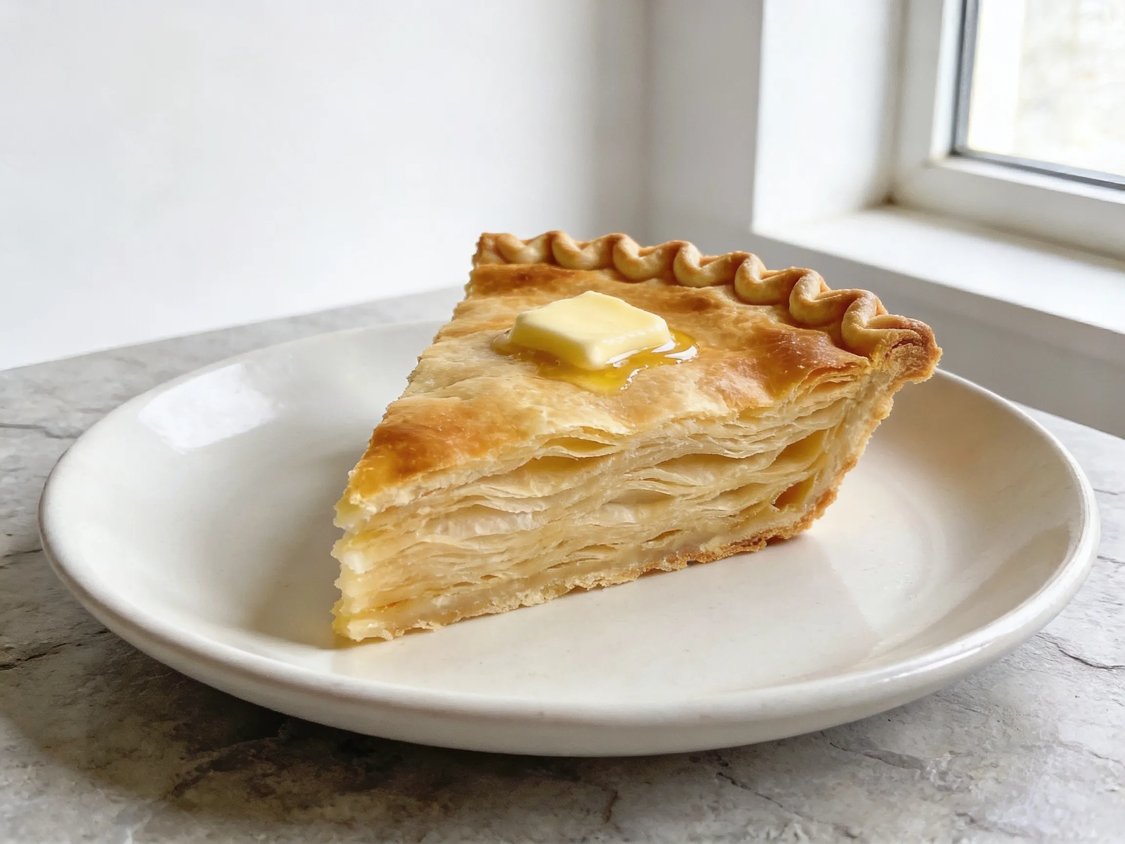 Golden flaky homemade pie crust slice on a white plate with melting butter