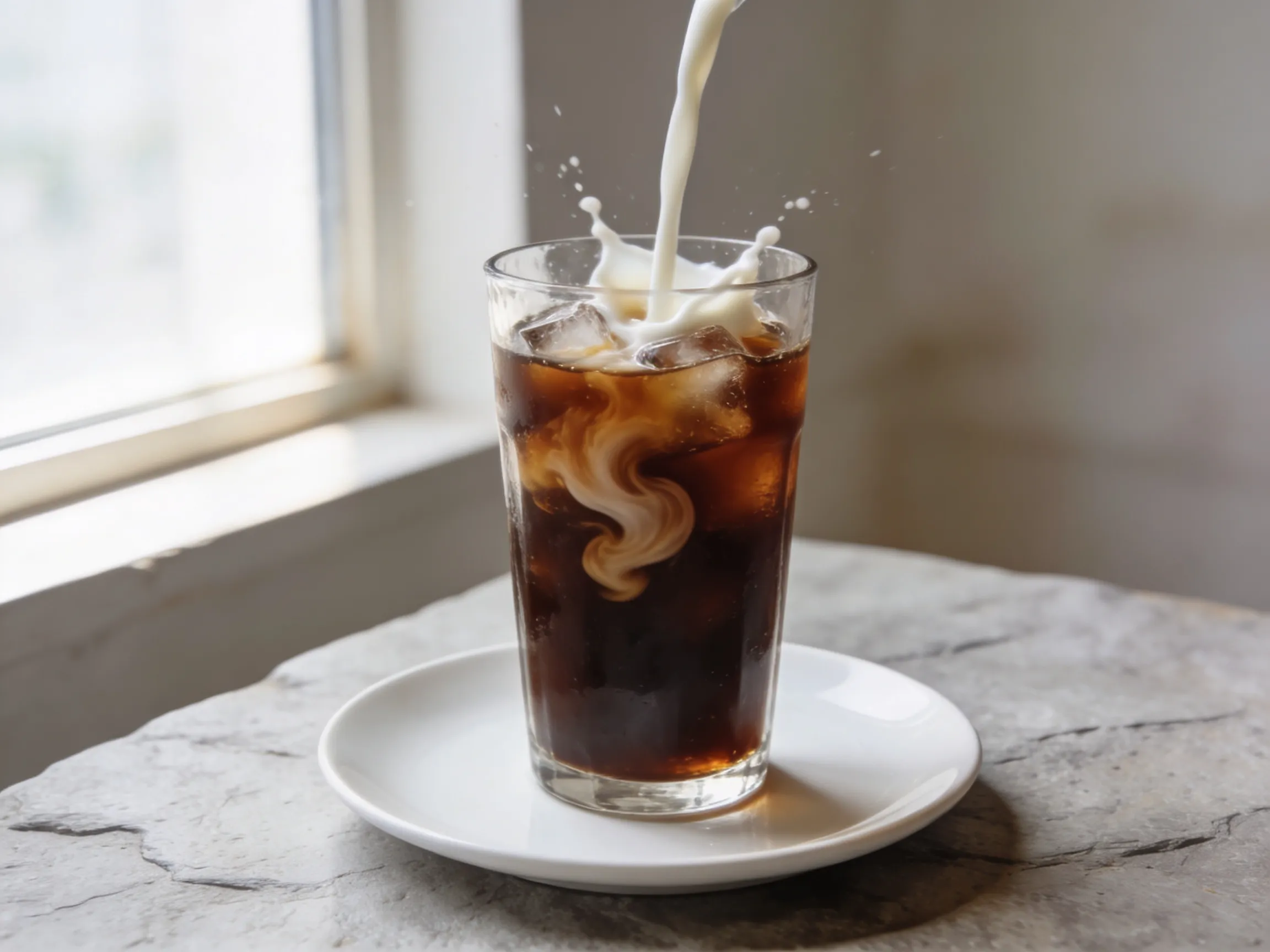 Homemade iced coffee recipe in a clear glass with ice and milk swirl on a white plate with natural window light