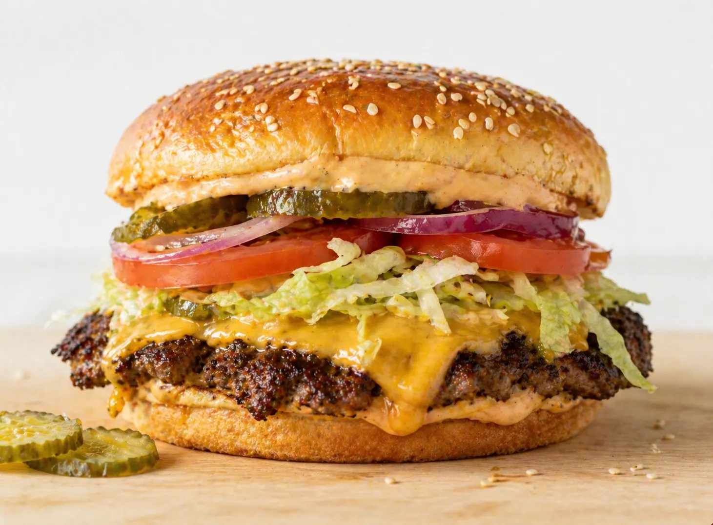 Juicy smash burger with melted cheese, lettuce, tomato, and pickles on a toasted brioche bun, served on a light wooden surface with natural light