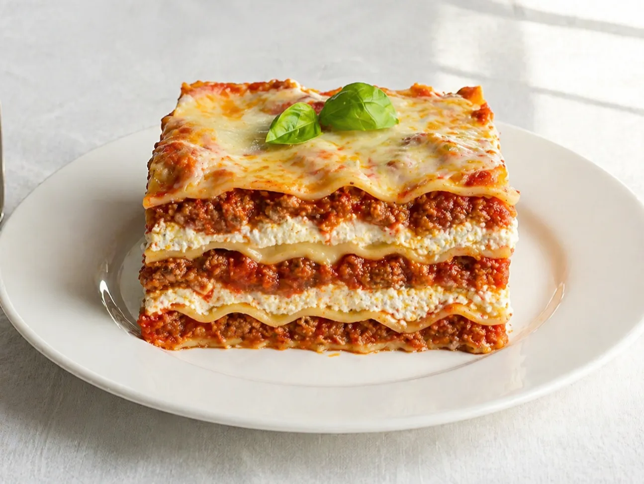 Single slice of ricotta lasagna on a white plate showing distinct layers of pasta, cheese and meat sauce with a fork on the side, natural light