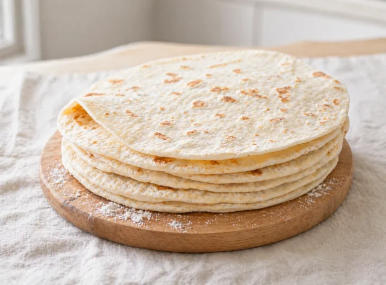 Soft homemade flour tortillas stacked on a wooden board with golden skillet spots, made from a simple 5-ingredient tortilla recipe