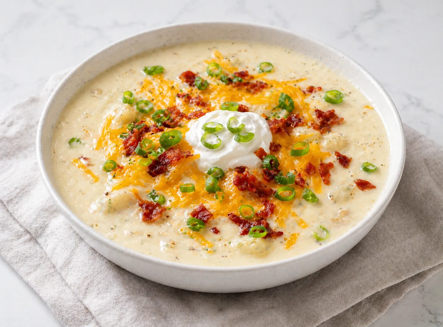 Thick and creamy potato soup recipe served in a white bowl topped with cheddar cheese, bacon, and green onions on a marble surface.