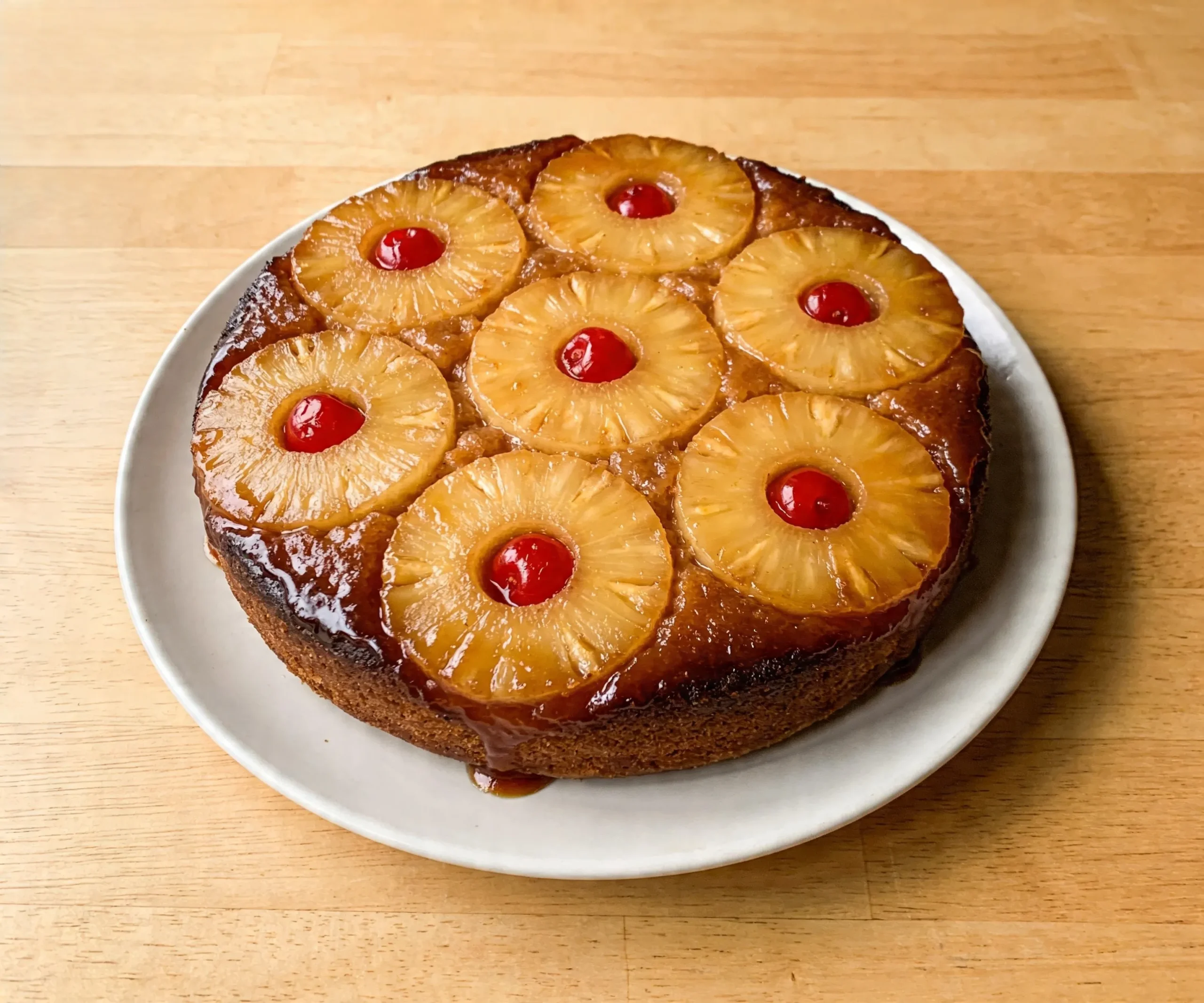 Whole pineapple upside down cake centered on a white plate shot from overhead showing caramelized pineapple rings and cherries on top