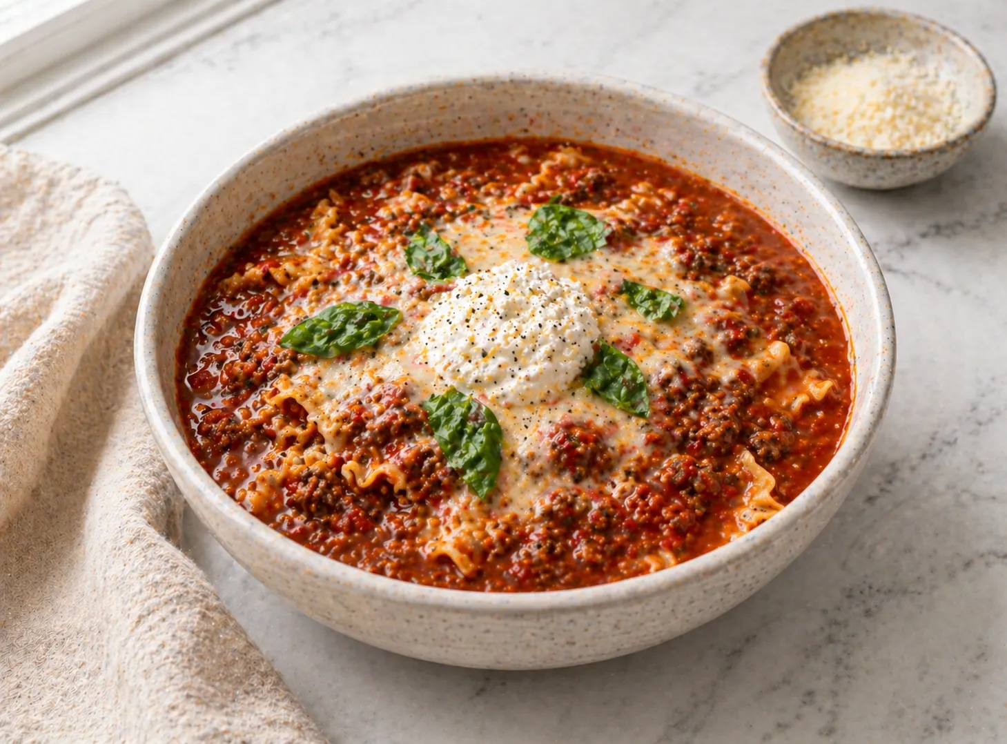 bowl of homemade lasagna soup topped with ricotta and fresh basil on a marble surface