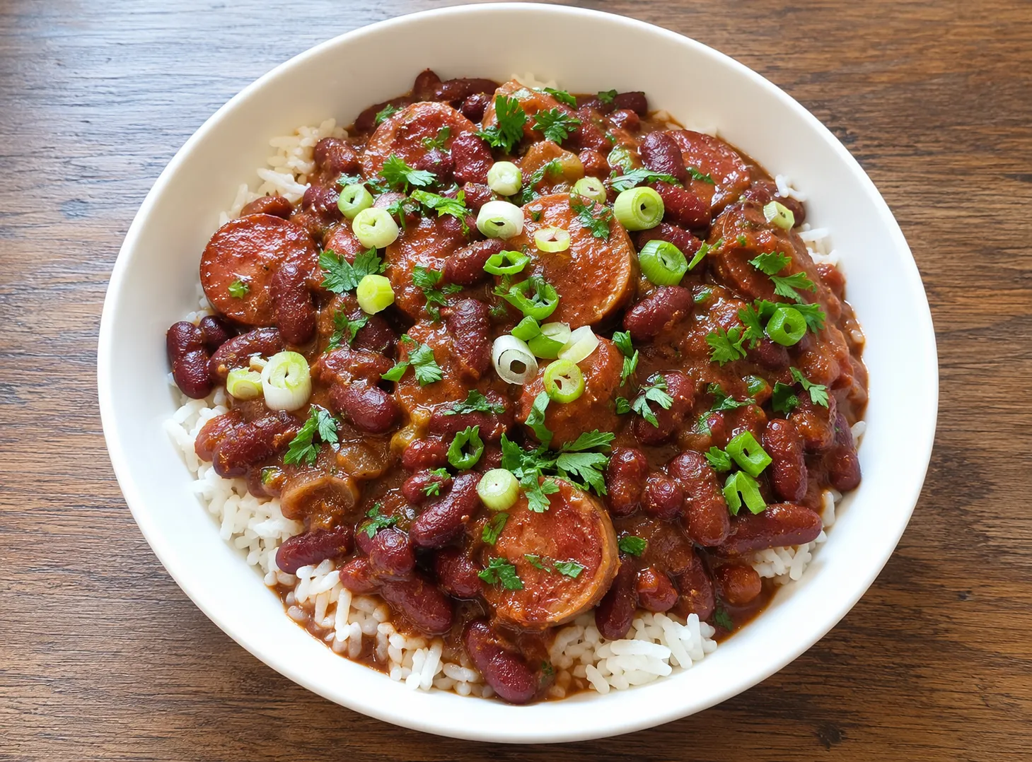 A bowl of spicy red beans and rice topped with green onions and parsley on a wooden table