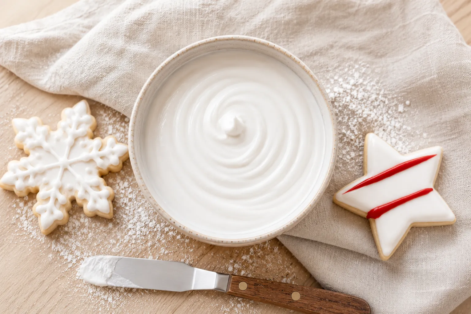 A bowl of thick glossy white royal icing centered on a wooden surface with two decorated sugar cookies and a spatula in natural window light.