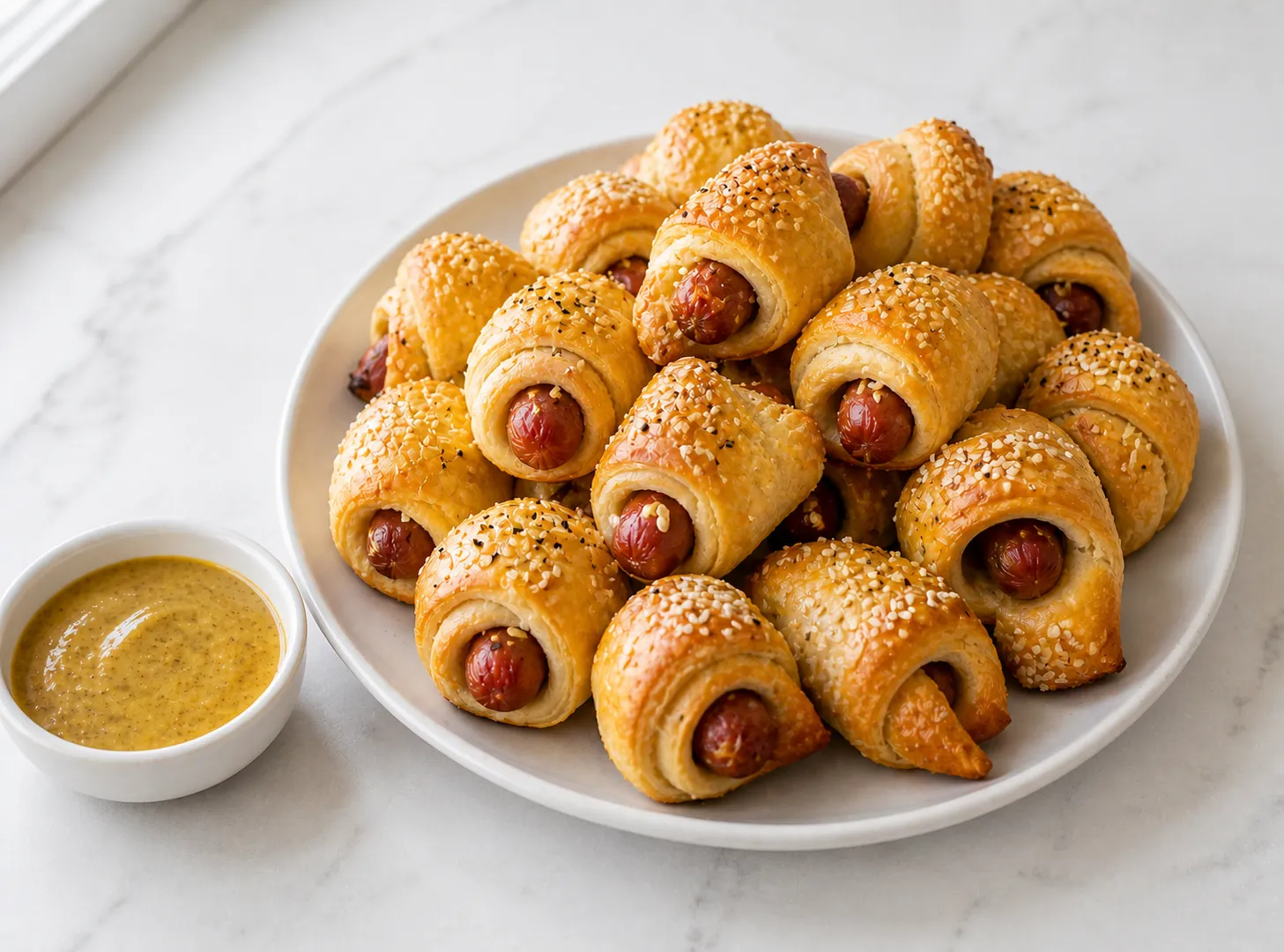 A plate of golden baked pigs in a blanket with crispy crescent dough arranged at the center on a wooden board with a small bowl of honey mustard dipping sauce on the side