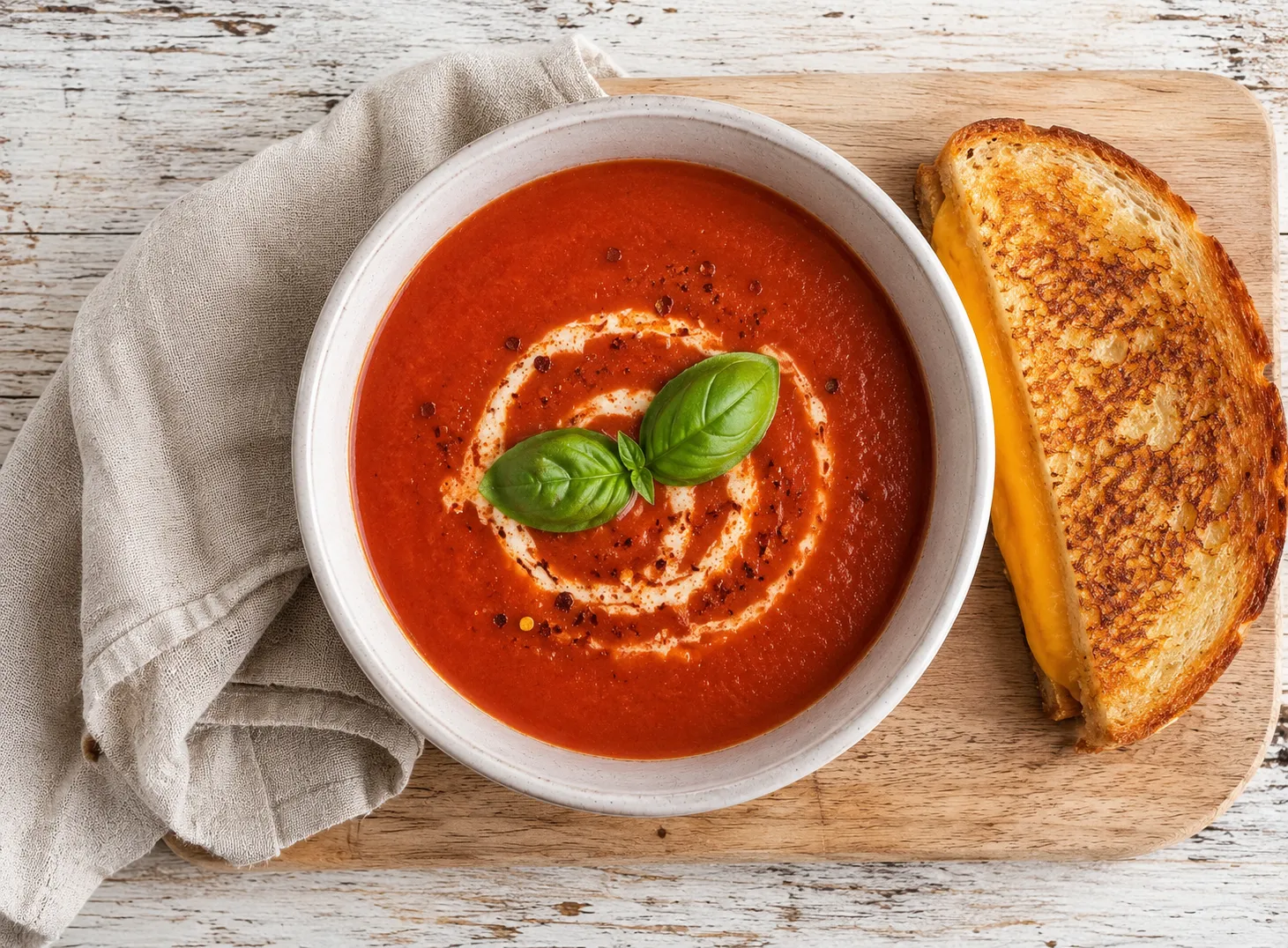 A white ceramic bowl of homemade tomato soup with a cream swirl and fresh basil leaves, served with a golden grilled cheese sandwich on a wooden board, photographed from overhead in natural light