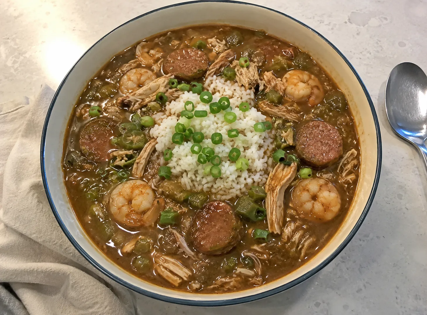 A wide ceramic bowl of rich Louisiana gumbo with andouille sausage, shrimp, shredded chicken, and okra in dark brown broth served over white rice and topped with fresh green onions on a wooden table in natural light