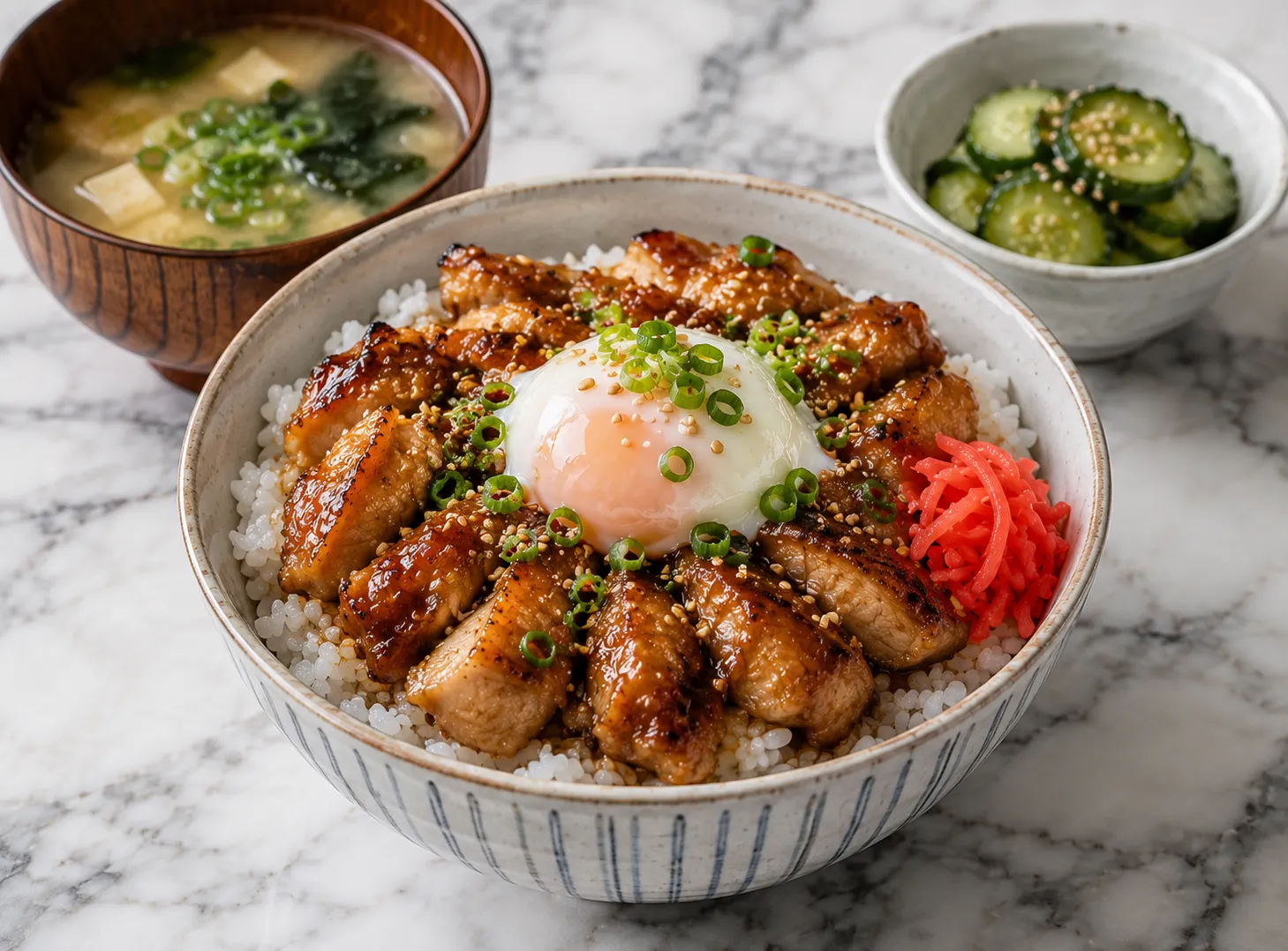 Authentic Japanese chicken rice bowl with steamed rice, egg, green onions, and sesame seeds on a wooden table