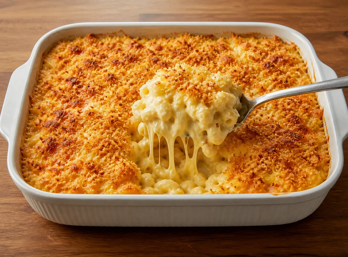 Baked mac and cheese in a white baking dish with a golden panko crust and a serving spoon lifting a cheesy scoop from the center.