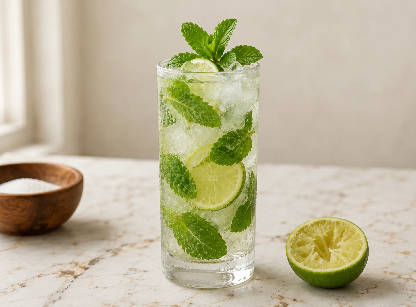 Classic mojito recipe in a tall glass with fresh mint, crushed ice and lime on a white marble counter in natural window light