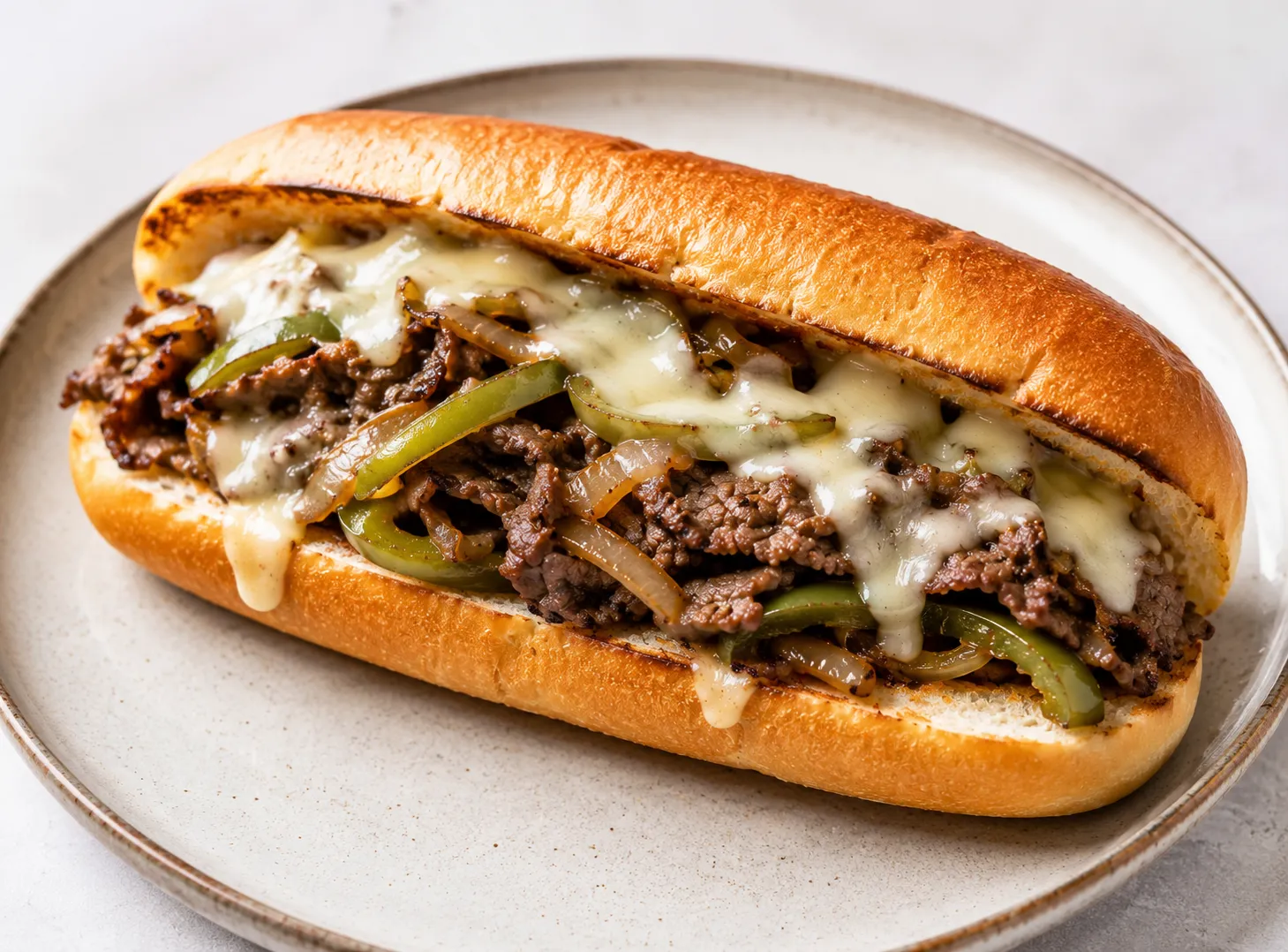Crispy Philly cheesesteak sandwich on a wooden cutting board with melted provolone, caramelized onions, and bell peppers in a toasted hoagie roll