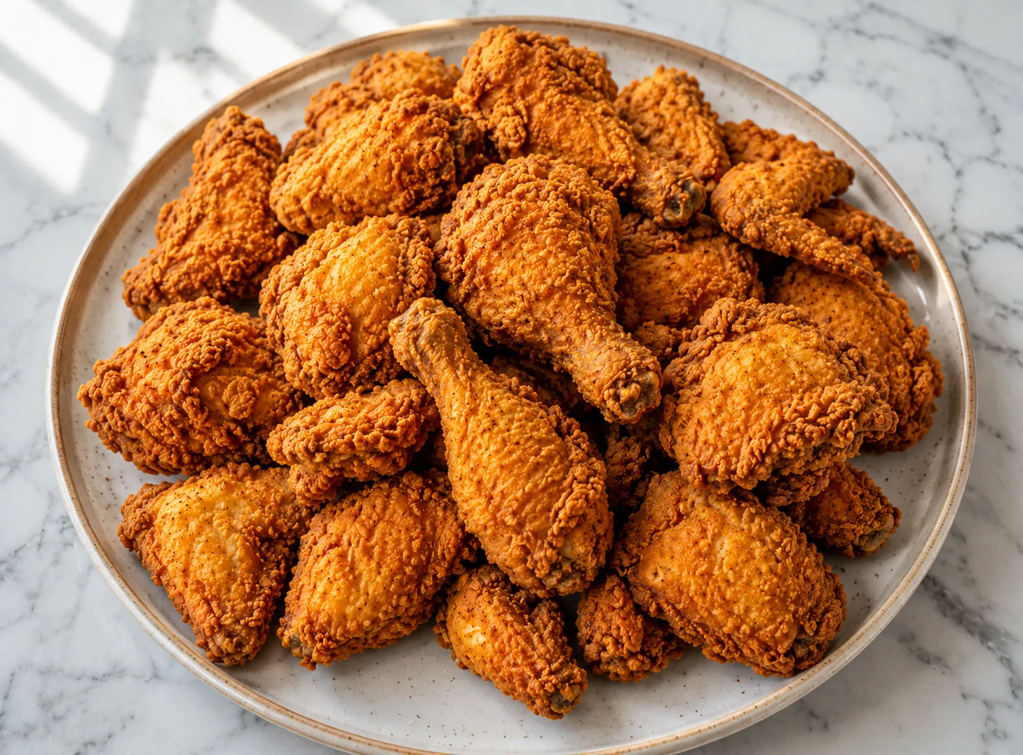 Crispy Southern fried chicken pieces with golden brown crunchy coating arranged on a white marble surface in natural light