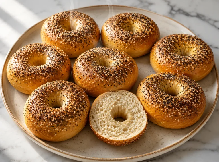 Eight freshly baked New York style homemade bagels with everything seasoning arranged on a white marble surface in natural light, one sliced open to show the chewy dense crumb