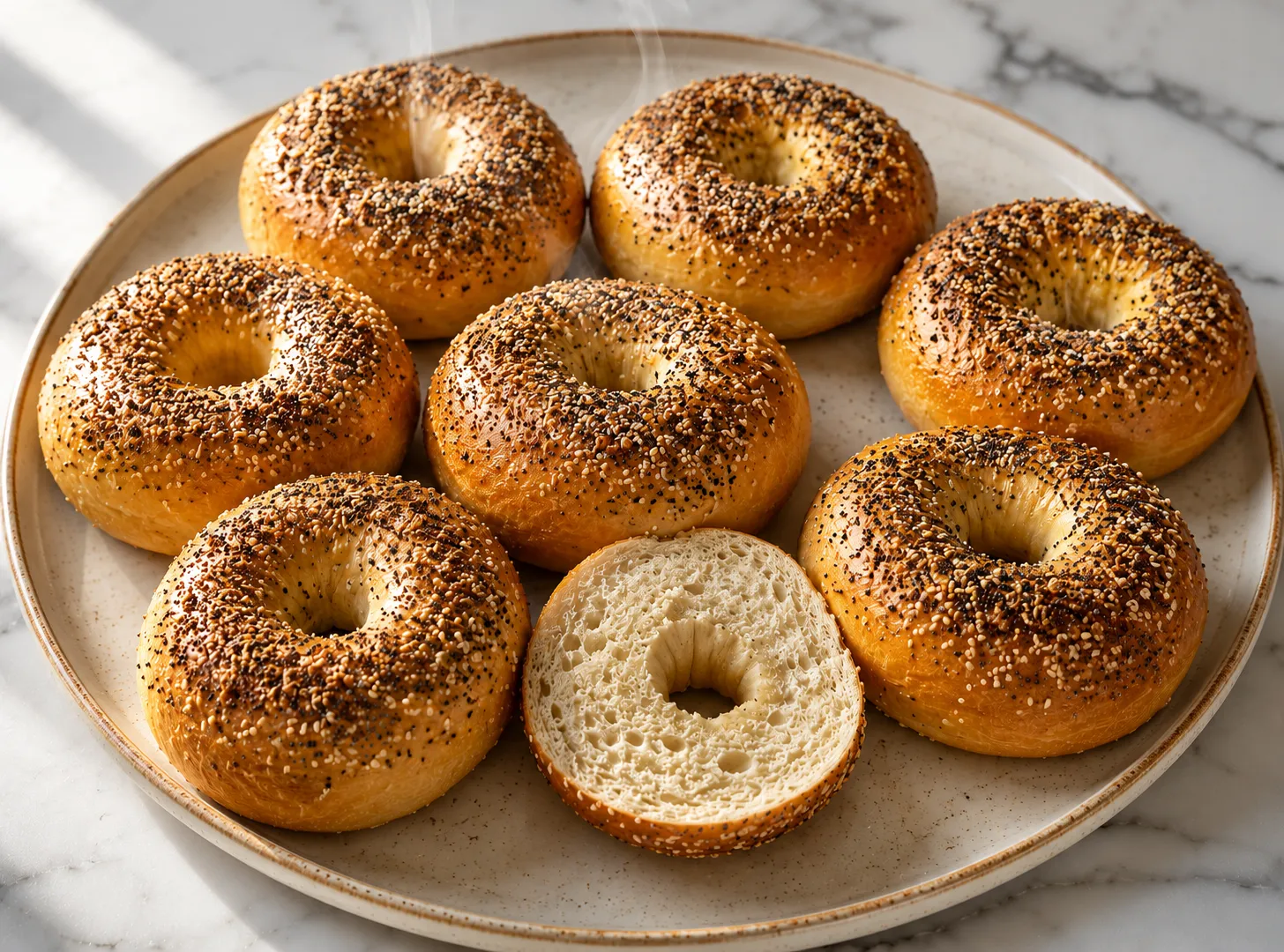 Eight freshly baked New York style homemade bagels with everything seasoning arranged on a white marble surface in natural light, one sliced open to show the chewy dense crumb
