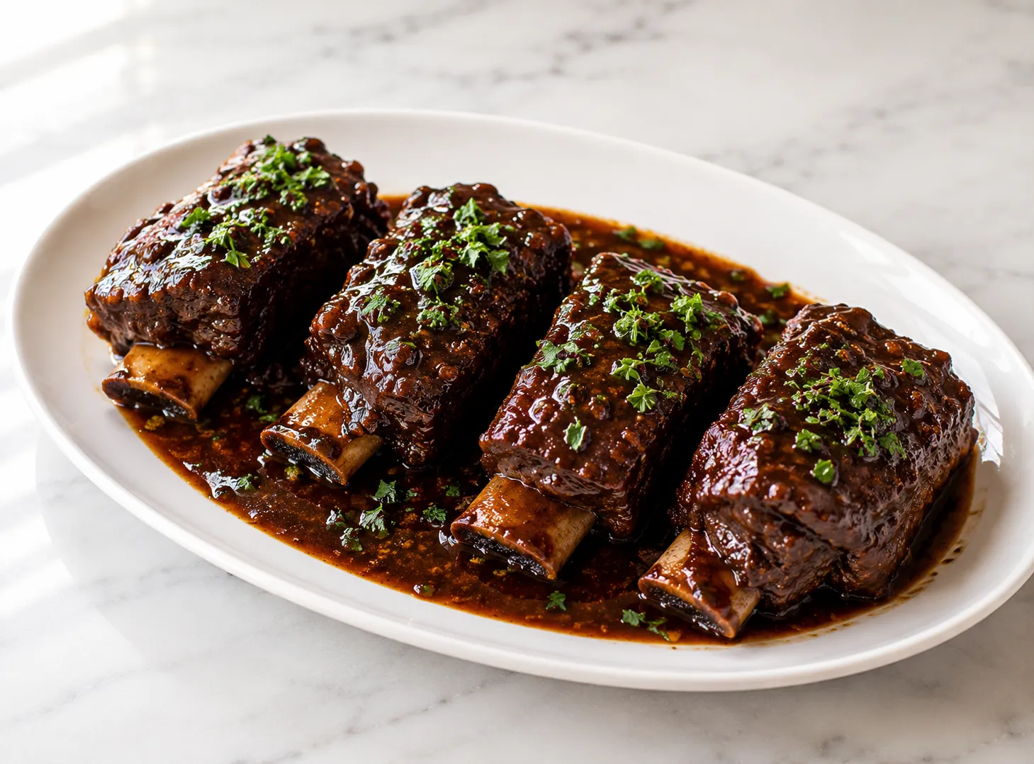 Fall-off-the-bone braised beef short ribs on a white ceramic plate with rich dark braising sauce and fresh parsley garnish, centered on a light stone surface in natural window light