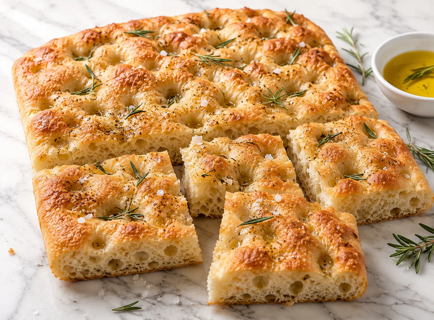 Freshly baked homemade focaccia bread with crispy golden edges, herb-studded top, and open airy crumb, cut into pieces on white marble surface in natural daylight