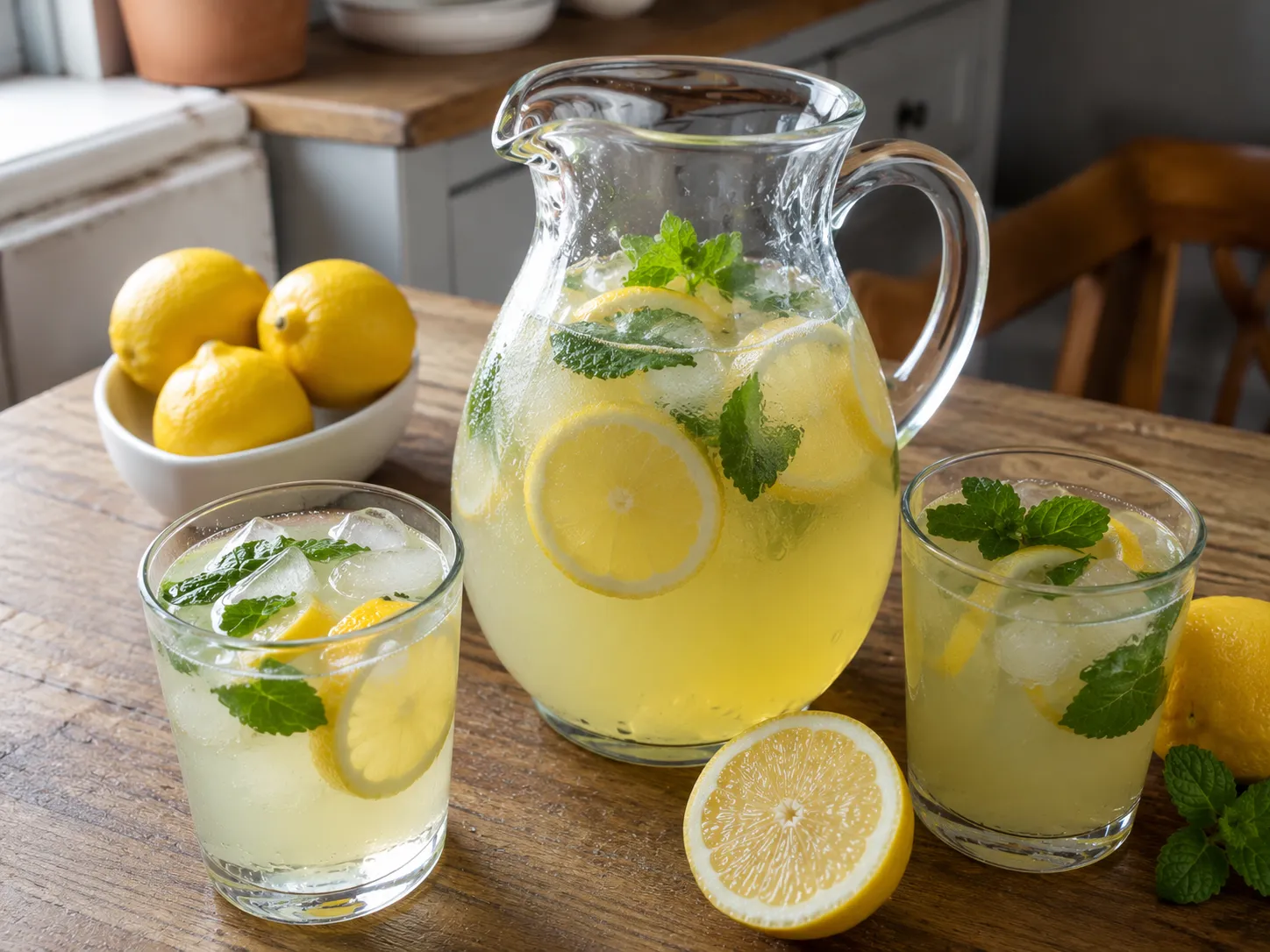 Homemade lemonade in a glass pitcher with lemon slices, ice, and mint on a wooden table in natural light.