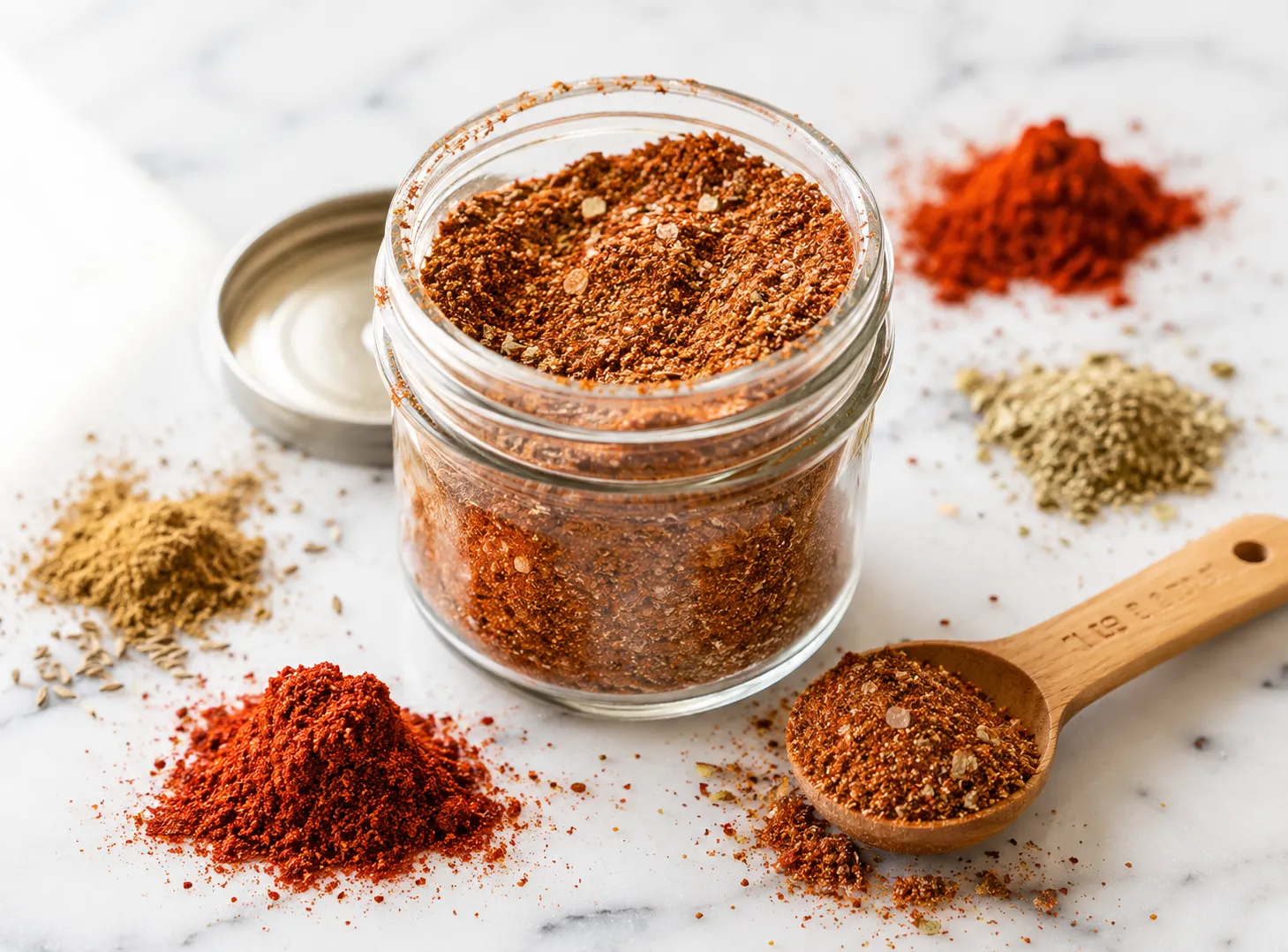 Homemade taco seasoning recipe in a small glass jar on white marble with a wooden measuring spoon and scattered spices