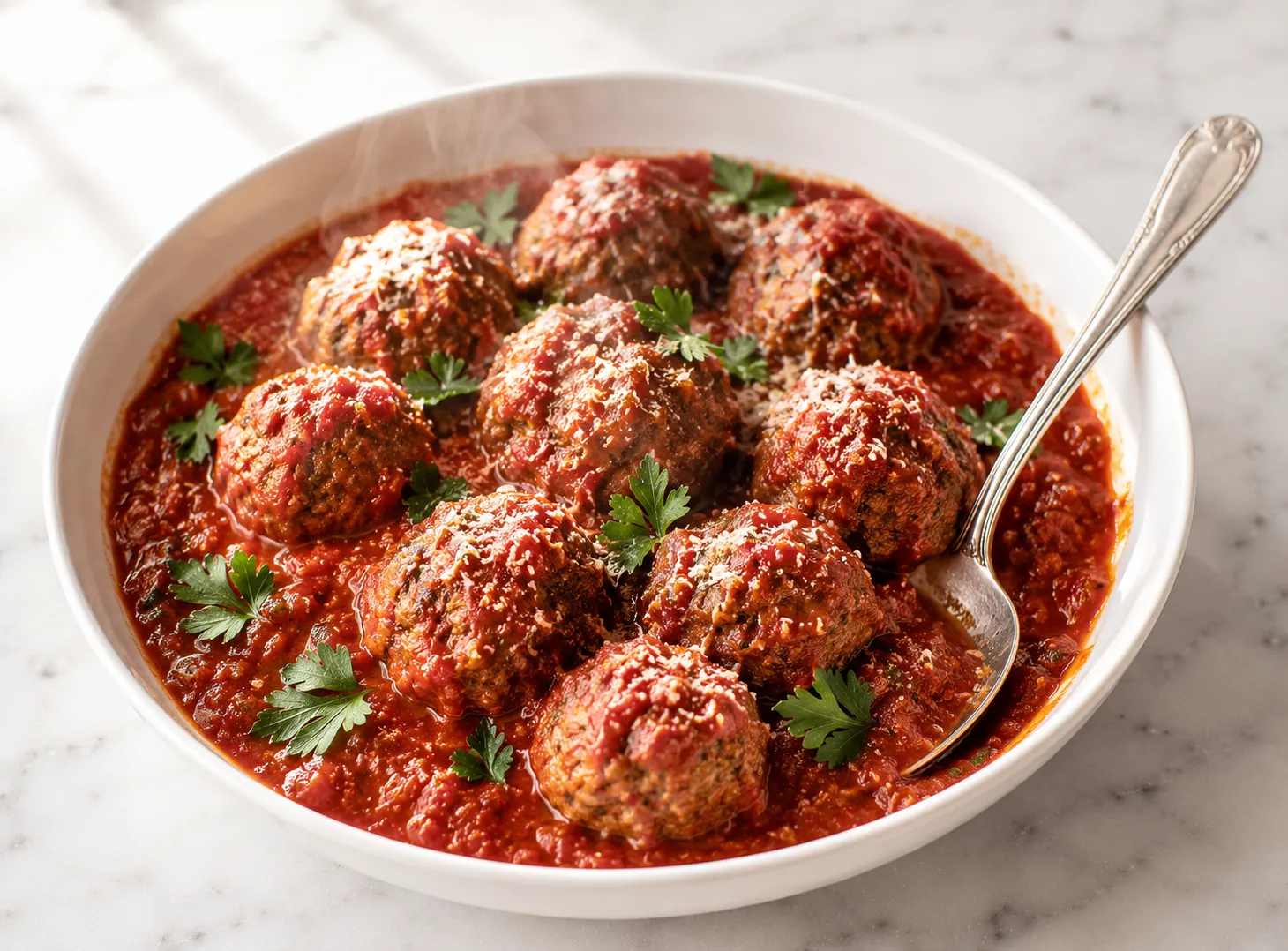 Juicy baked meatballs in marinara sauce served in a white ceramic bowl on a marble surface with fresh parsley and Parmesan