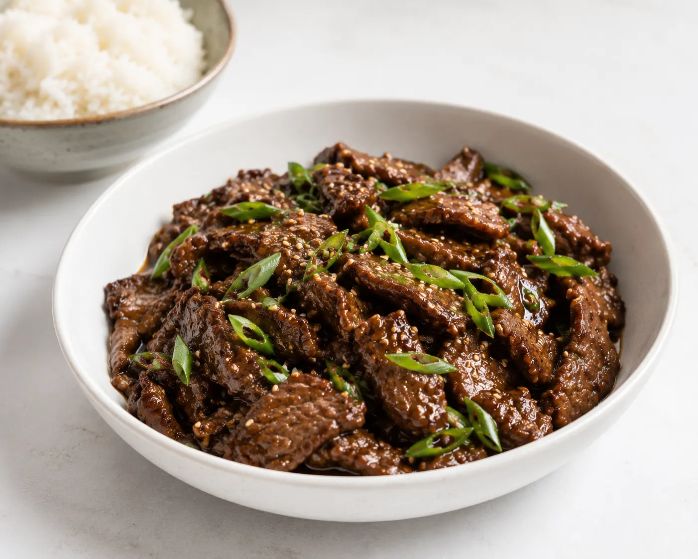 Mongolian beef recipe served in a white bowl with sticky brown sauce, green onions, and sesame seeds on a wooden table in natural light