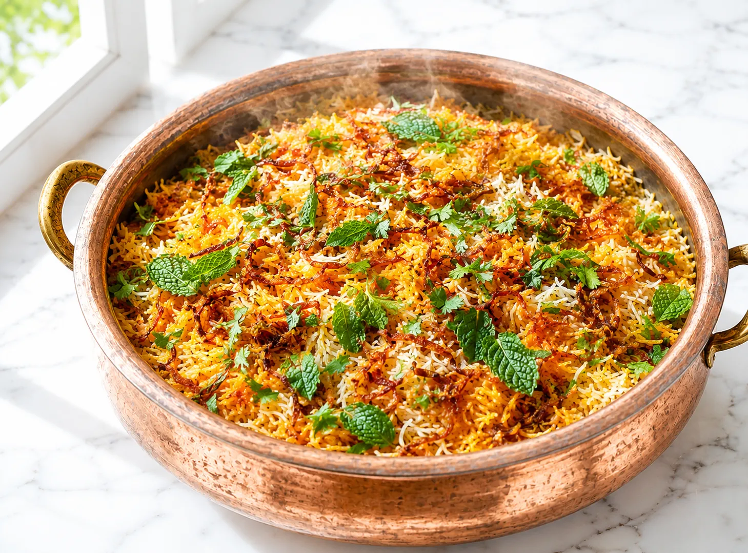 Overhead view of a pot of chicken biryani centered on white marble, topped with saffron rice, fried onions, and fresh herbs in natural light