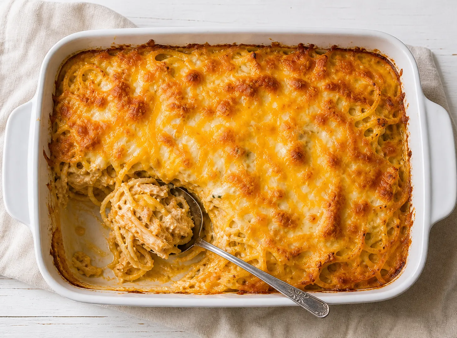Overhead view of cheesy chicken spaghetti casserole in a white baking dish with golden melted cheese on top and a serving spoon scooping out a portion