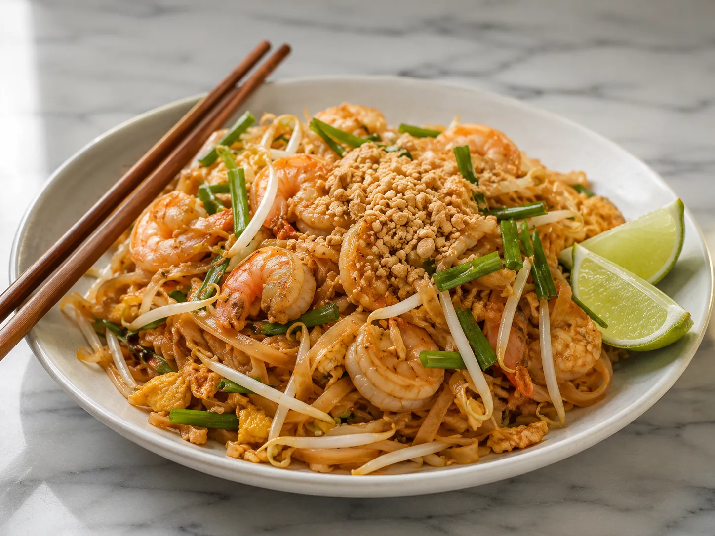 Plated authentic pad Thai with shrimp, bean sprouts, crushed peanuts, and lime wedges on a white marble surface in natural window light