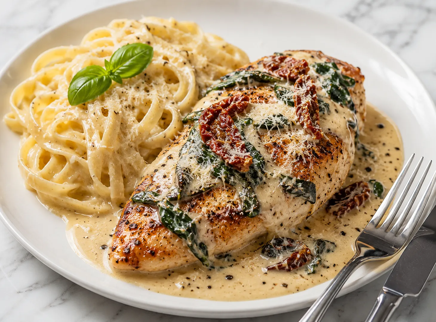 Single serving of creamy tuscan chicken on white ceramic plate with garlic parmesan sauce, spinach, sun-dried tomatoes, and fettuccine pasta in natural daylight on white marble