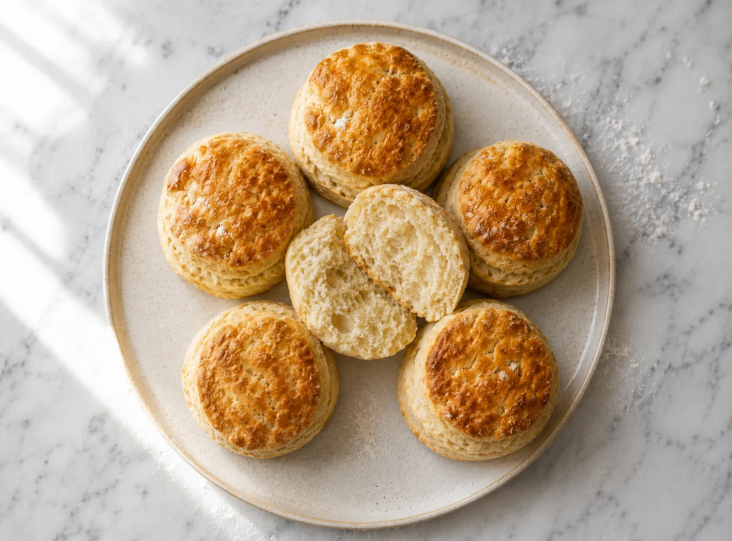 Six golden British scones on white marble, one split open to show soft crumbly interior, with clotted cream and strawberry jam on the side
