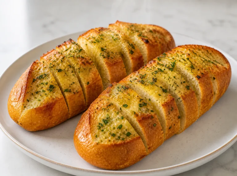 Sliced homemade garlic bread on a wooden board with golden buttery top and fresh parsley, centered on a white kitchen counter in natural light