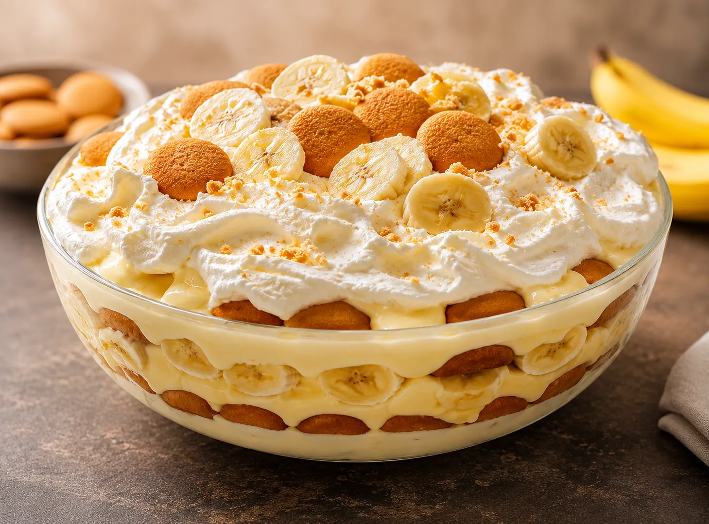 Southern banana pudding recipe served in a white ceramic bowl showing layers of vanilla wafers, fresh banana slices, and thick homemade custard topped with whipped cream
