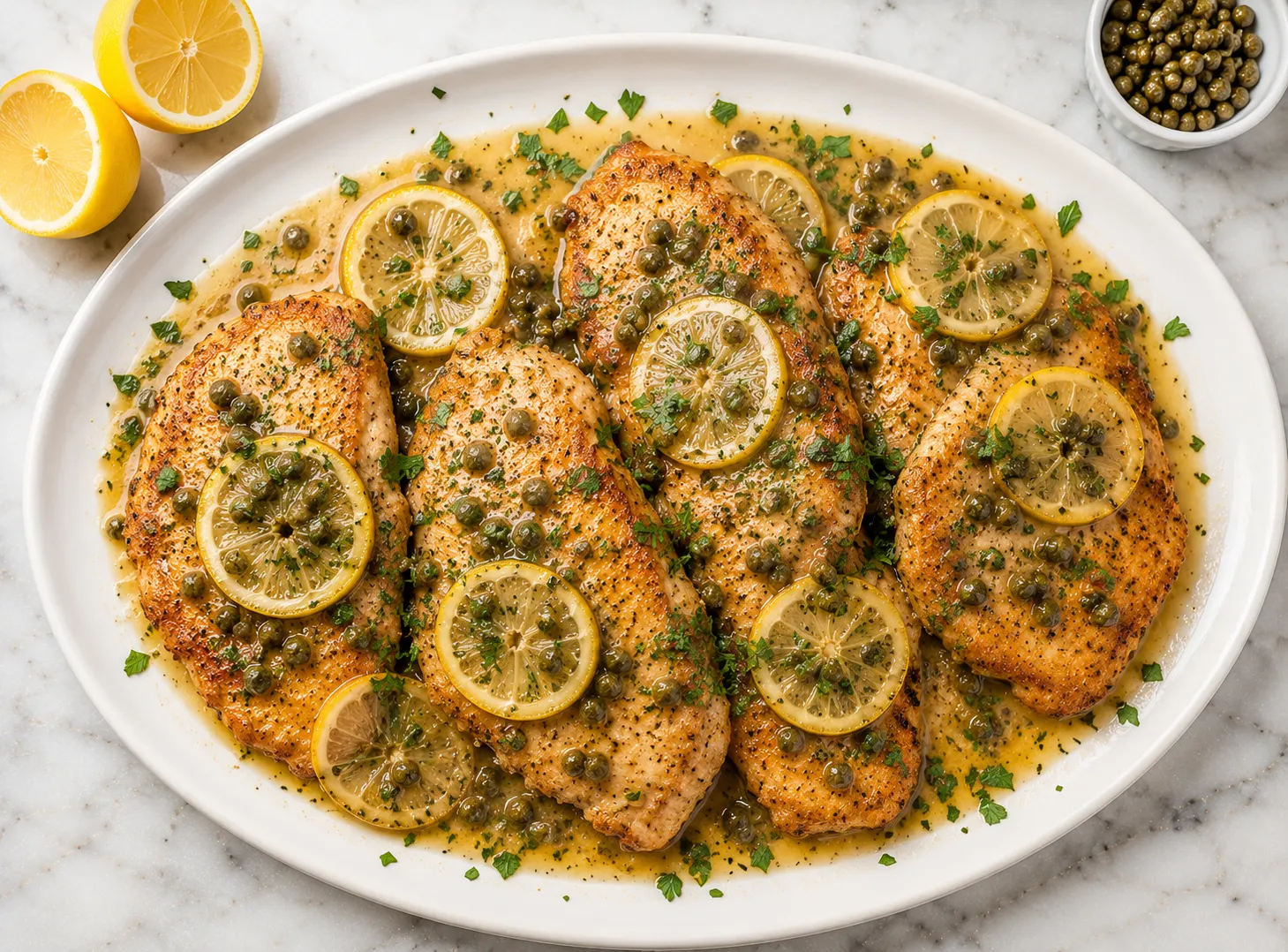 Chicken piccata recipe served on a white ceramic platter with lemon butter caper sauce and fresh parsley on white marble surface