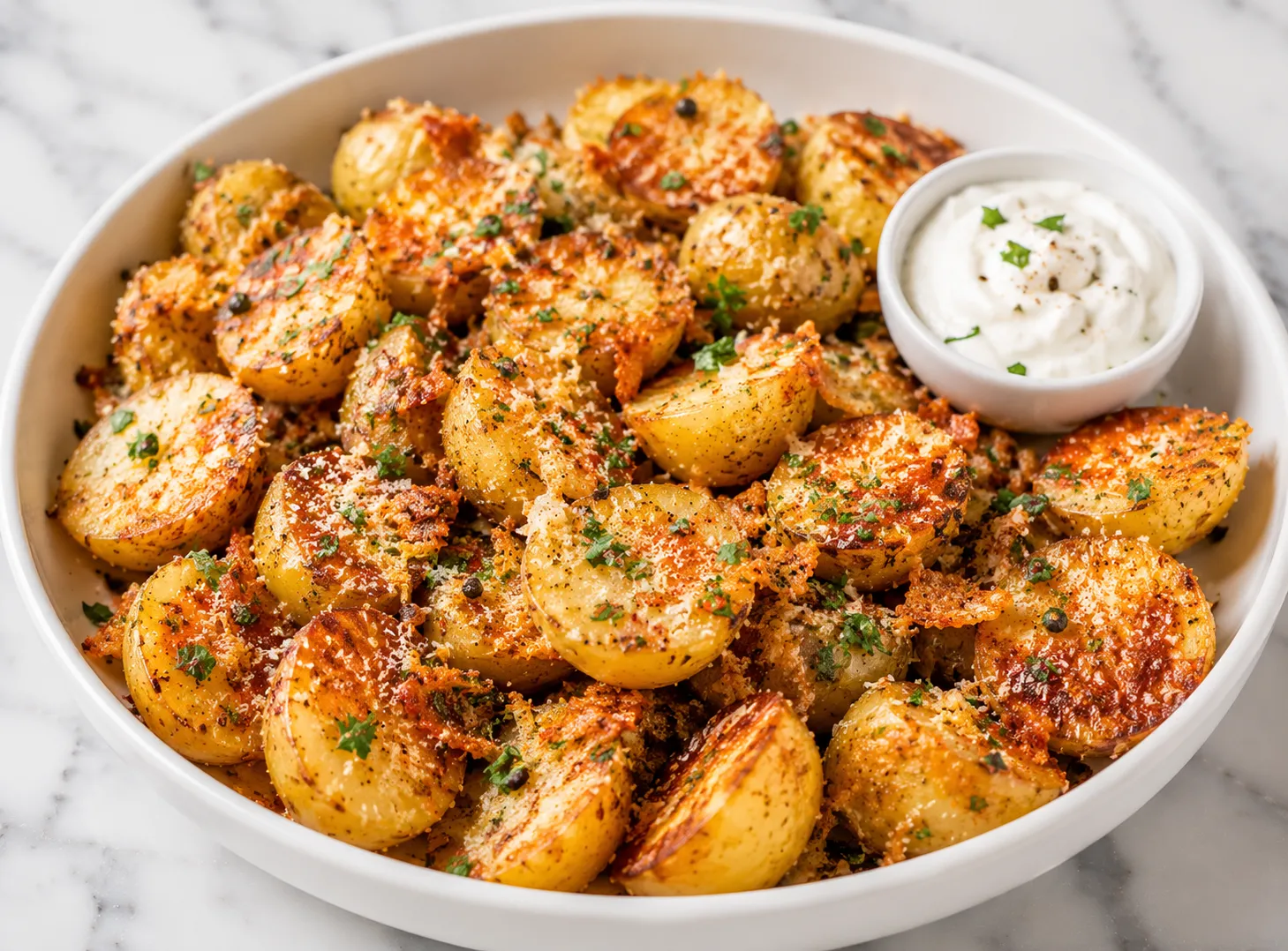 A bowl of crispy garlic parmesan roasted potatoes with golden-brown cut sides, fresh parsley, and melted Parmesan on a white marble surface in bright natural daylight
