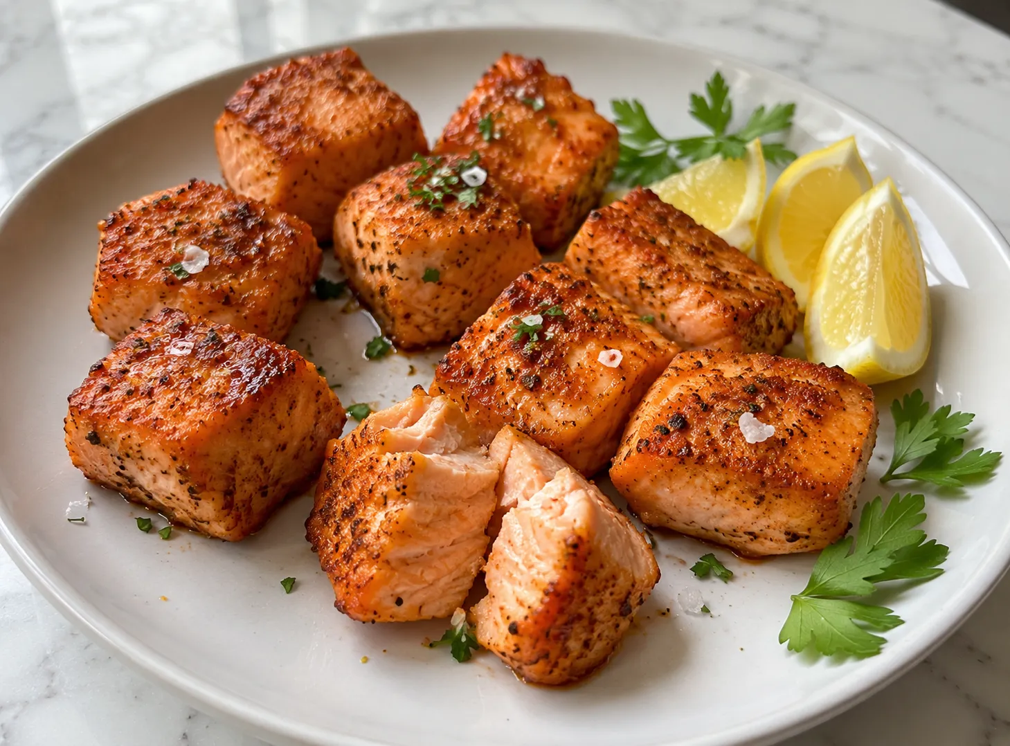 Air fryer salmon bites on a white plate with lemon and parsley