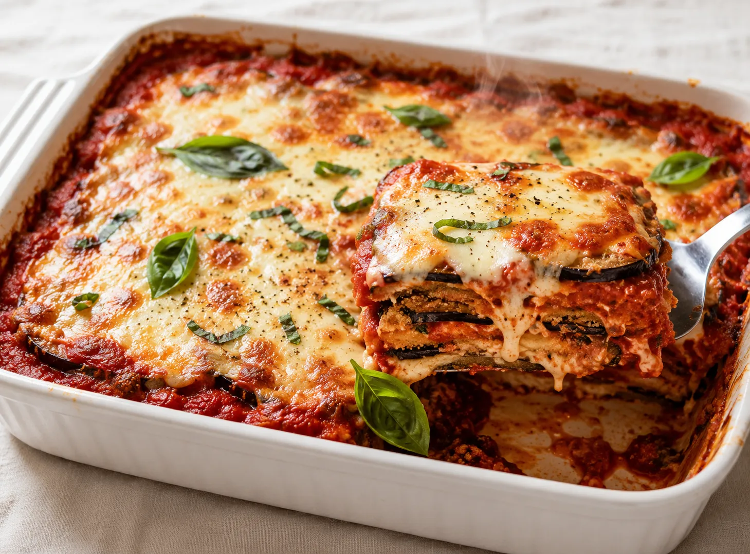 Baked eggplant parmesan in white ceramic dish with golden bubbly cheese and tomato sauce