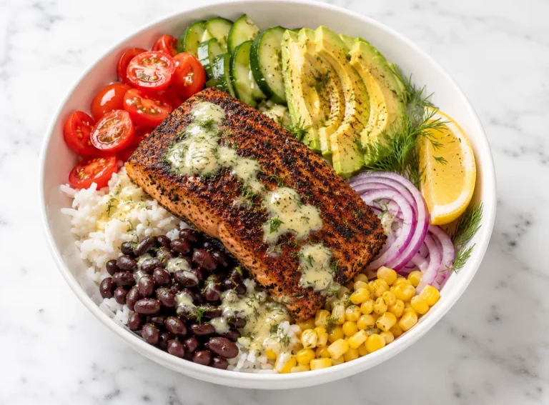 Blackened salmon bowl with spiced salmon fillet, white rice, avocado, cherry tomatoes, cucumber, black beans, and lemon herb drizzle