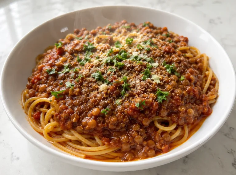Bowl of lentil bolognese sauce over spaghetti on white marble surface