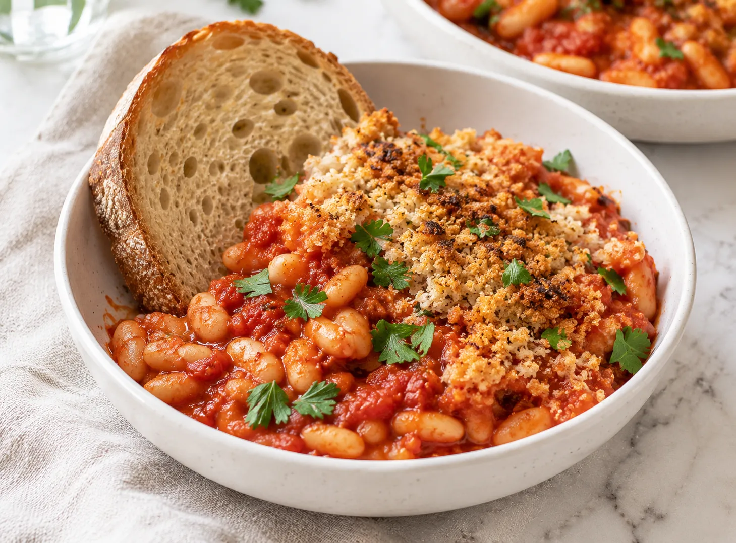 Bowl of white bean tomato bake with crusty bread and fresh parsley