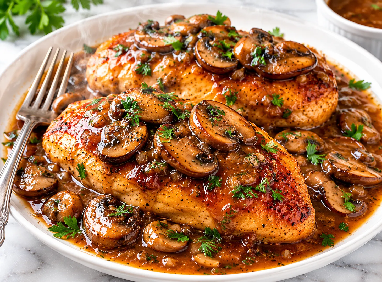 Chicken Marsala recipe served on a white ceramic plate with golden-brown pan-seared chicken breasts in a rich dark Marsala mushroom cream sauce, garnished with fresh parsley