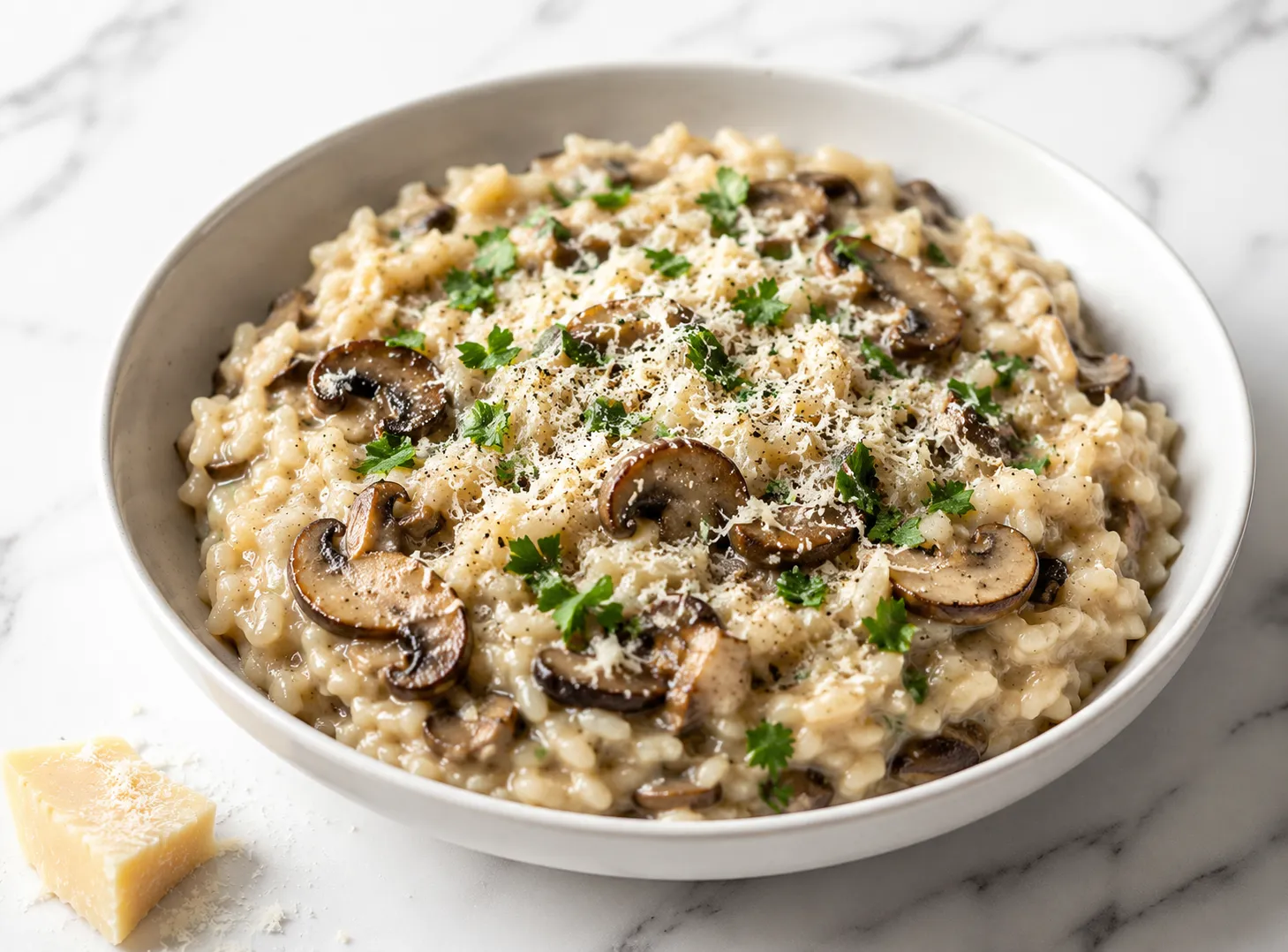 Creamy mushroom risotto in a white bowl topped with Parmesan and parsley on white marble