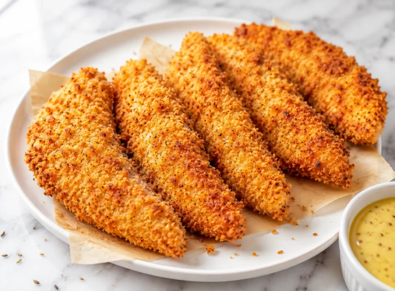 Crispy air fryer chicken tenders arranged on a white ceramic plate with honey mustard dipping sauce on white marble surface in natural daylight