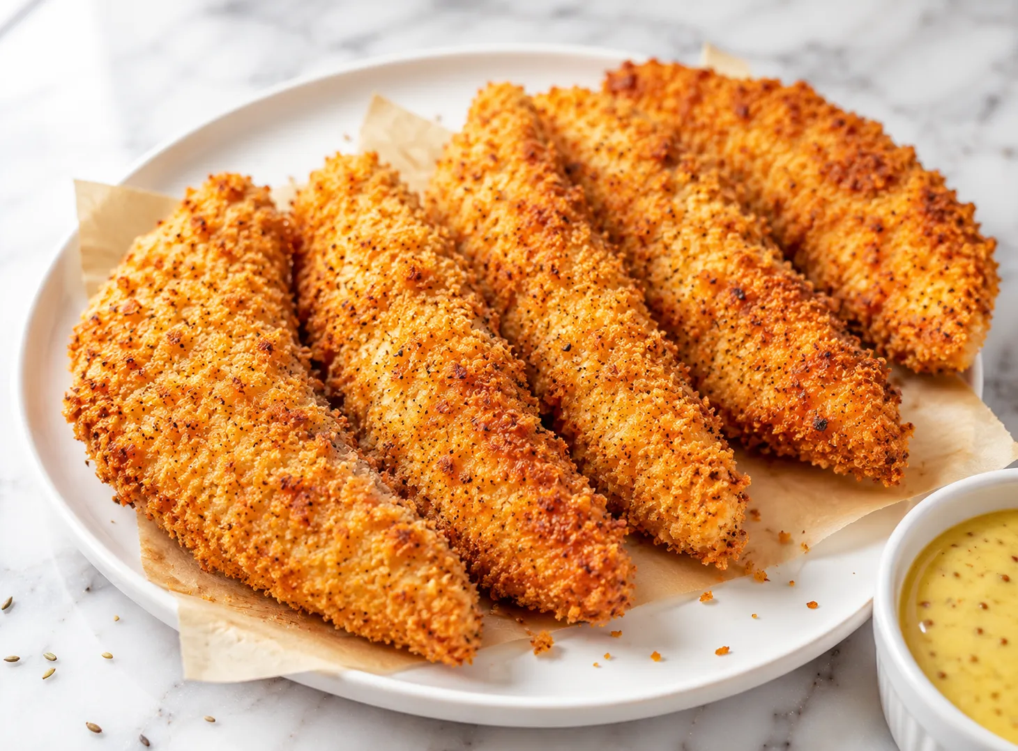 Crispy air fryer chicken tenders arranged on a white ceramic plate with honey mustard dipping sauce on white marble surface in natural daylight