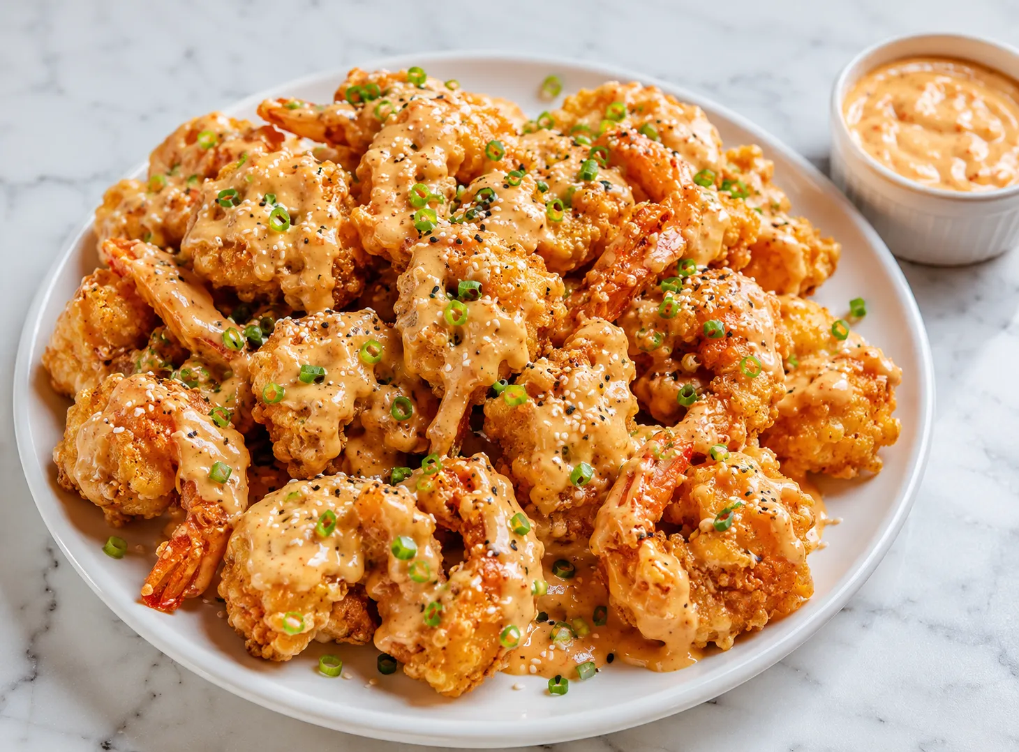 Crispy bang bang shrimp recipe served on a white ceramic plate with creamy sweet and spicy sauce, sesame seeds, and sliced green onions on white marble surface