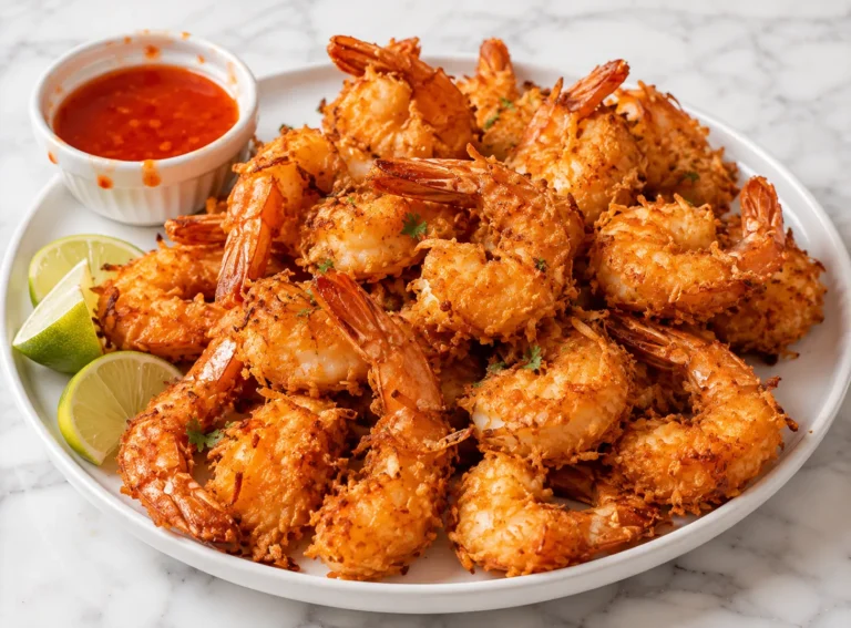 Crispy golden coconut shrimp on a white ceramic plate with sweet chili dipping sauce and lime wedges