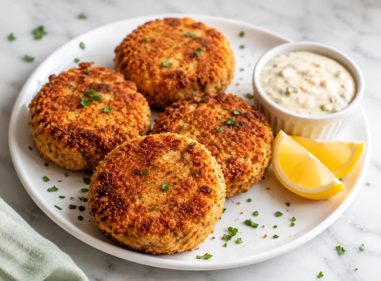 Crispy golden tuna patties on a white plate with lemon wedges and tartar sauce
