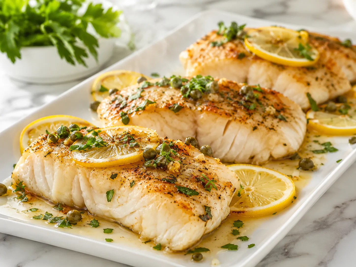 Four baked halibut fillets on a white ceramic platter with parsley, lemon, and capers